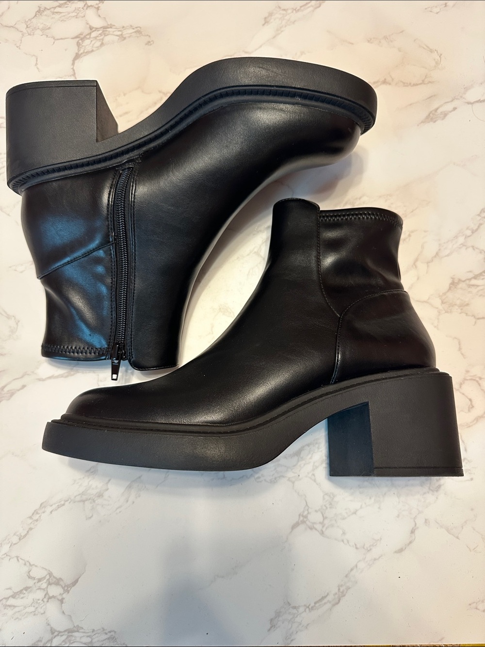 Black Leather Block Heel Ankle Boots - Women